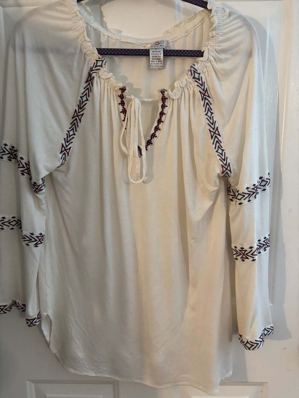 OSO Casuals White Embroidered Boho Peasant Blouse Long Sleeve Tie Neck L